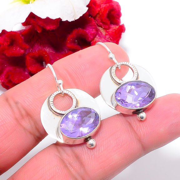 Colour Changing Alexandrite Designer Handmade 925 Sterling Silver Earring 1.37 Sku38, Purple & Pink Earring, Simulated Gemstone Earring