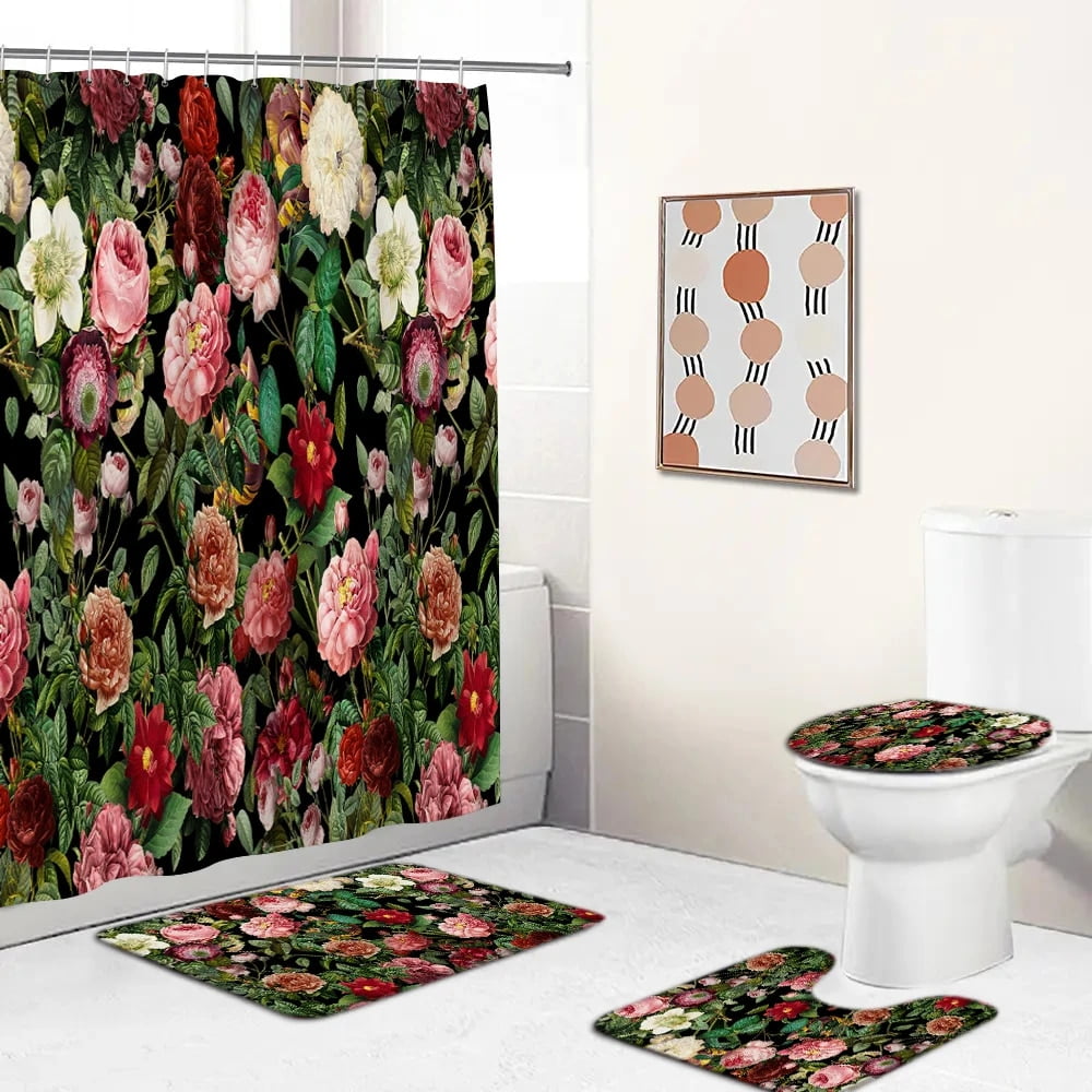 Colour Flowers Waterproof Polyester Shower Curtain Set Anti-slip Soft ...