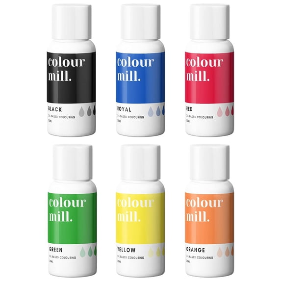 Colour Mill Oil-Based Food Coloring, 20 Milliliters Each of 6 Colors: Black, Royal, Red, Green, Yellow and Orange