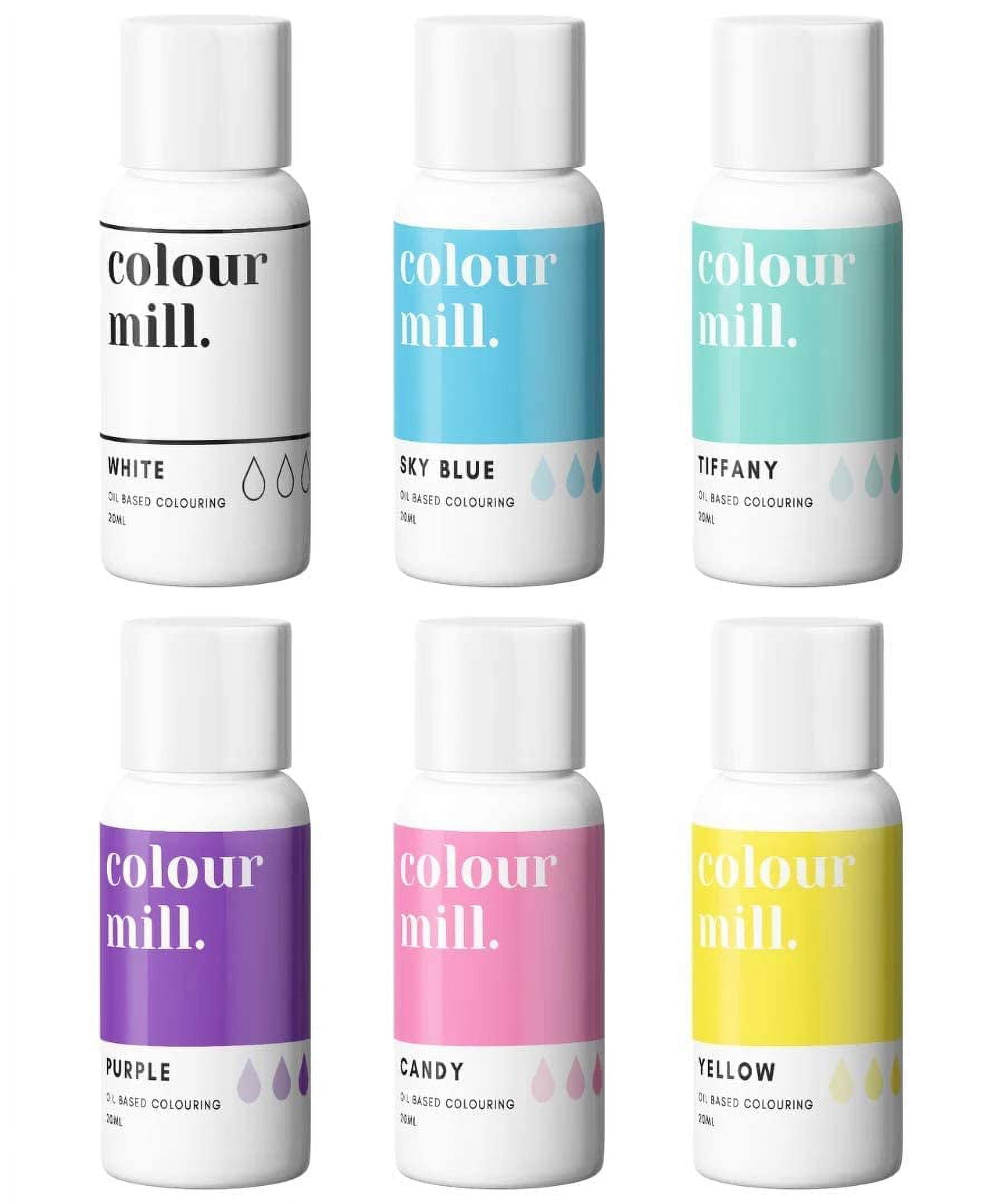 Colour Mill Oil-Based Food Coloring, 20 Milliliters Each of 6 Colors: White, Sky Blue, Tiffany, Purple, Candy and Yellow