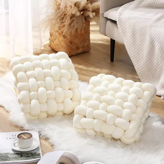 ColourTree 12'' L x 13'' W White 2 Pcs Knot Pillow Soft Throw Pillow Home Decoration Cushion Square Office Knotted Plush Throw Cushion