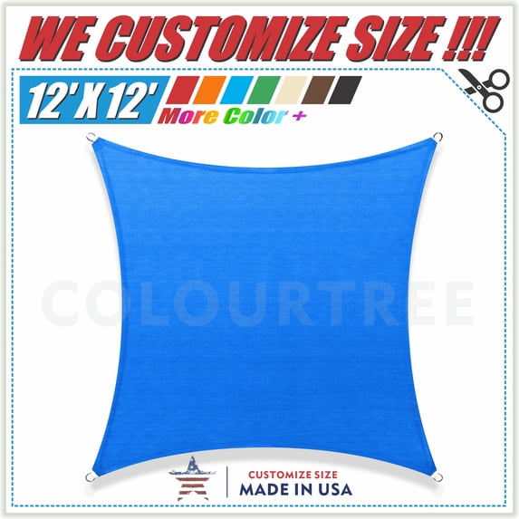 ColourTree 12' x 12' Blue Sun Shade Sail Canopy Square - Commercial Standard Heavy Duty - 190 GSM - 3 Years Warranty