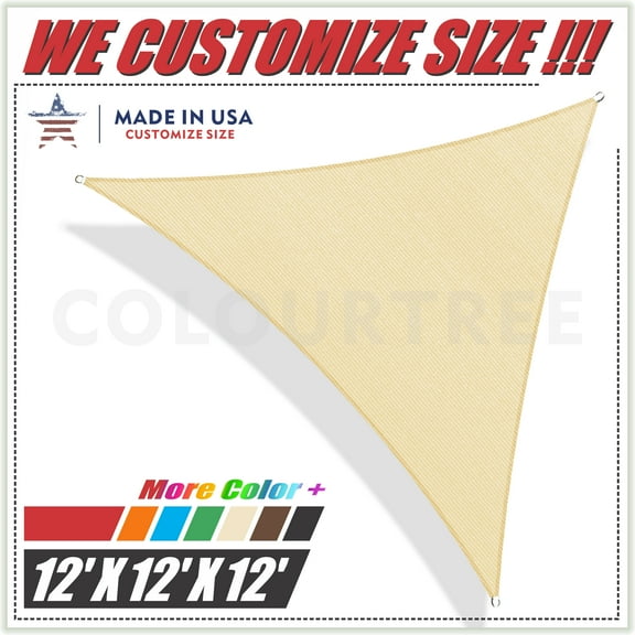 ColourTree 12' x 12' x 12' Beige Sun Shade Sail Canopy  Triangle - Commercial Standard Heavy Duty - 190 GSM - 3 Years Warranty