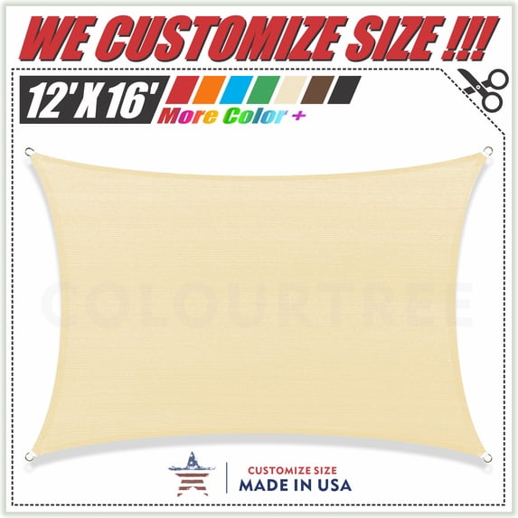 ColourTree 12' x 16' Beige Rectangle Sun Shade Sail Canopy - Commercial Standard Heavy Duty - 190 GSM - 3 Years Warranty