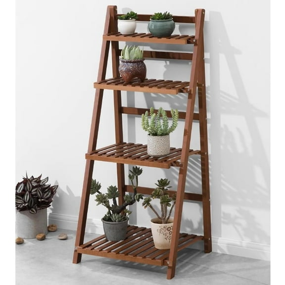 ColourTree 20 Inch 4-Tier Bamboo Plant Stand Foldable Ladder Shelves, Folding Freestanding Rack With Guardrails, Potted Plant Display Shelf For Living Room Balcony ( Color : brown )