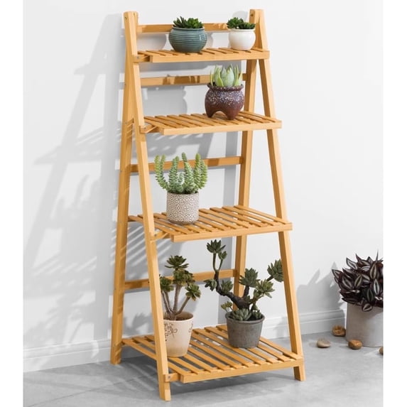 ColourTree 20 Inch 4-Tier Bamboo Plant Stand Foldable Ladder Shelves, Folding Freestanding Rack With Guardrails, Potted Plant Display Shelf For Living Room Balcony ( Color : Natural )