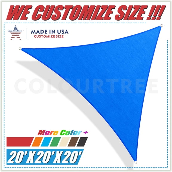 ColourTree 20' x 20' x 20' Sun Shade Sail Canopy  Triangle Blue - Commercial Standard Heavy Duty - 160 GSM - 4 Years Warranty