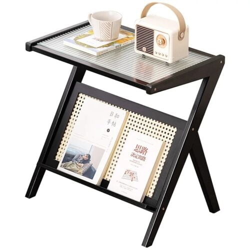 ColourTree 21'' L Black Z Shape Rattan Side Table Boho NightStand Mid Century Modern End Table Glass Bedside Table Small End Tables Bamboo Coffee Table