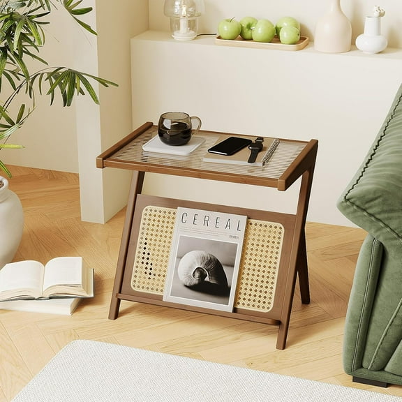 ColourTree 21'' L Brown Z Shape Rattan Side Table Boho NightStand Mid Century Modern End Table Glass Bedside Table Small End Tables Bamboo Coffee Table