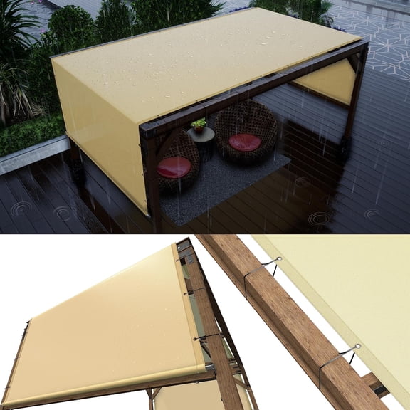 ColourTree 8' W x 16' L Waterproof Beige Pergola Sun Shade Canopy Replacement Cover, Commercial Grade 260 GSM Cloth for Outdoor Patio, Includes Stainless Steel Weighted Rods (We Make Custom Size)
