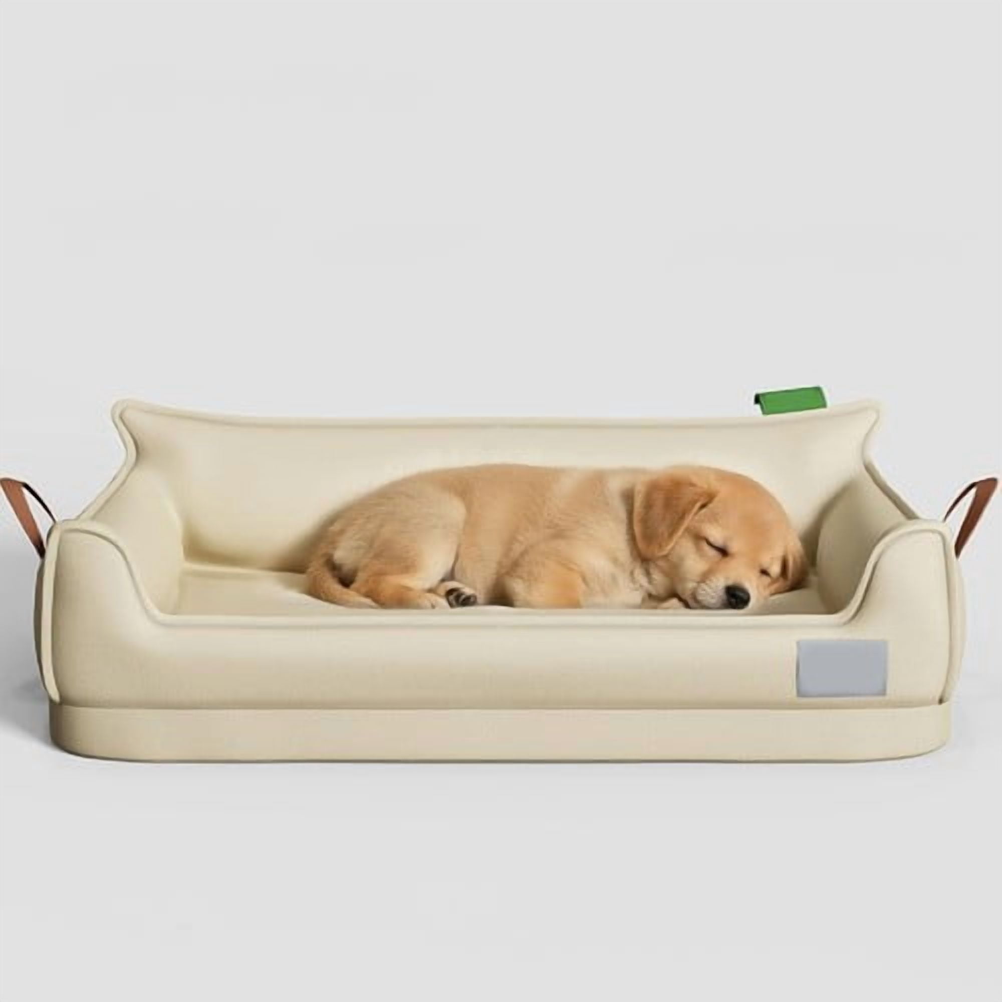 ColourTree Beige Leather Dog Bed Sofa, Orthopedic Dog Bed Small,U-Shaped Bolster Pet Couch with Removable Waterproof Cover,Non-Slip Bottom