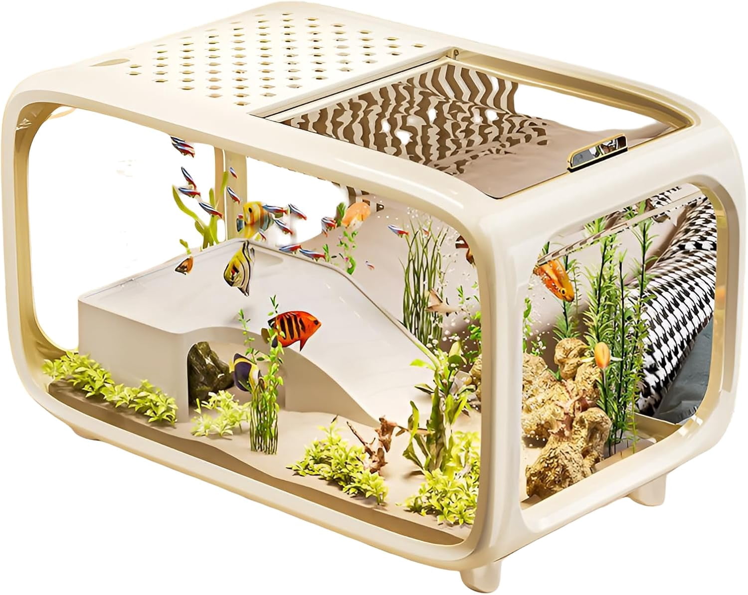 ColourTree Beige Transparent Fish Tank – Mini Aquascape Aquarium for Betta & Small Fish, Durable Acrylic, Shatter-Resistant