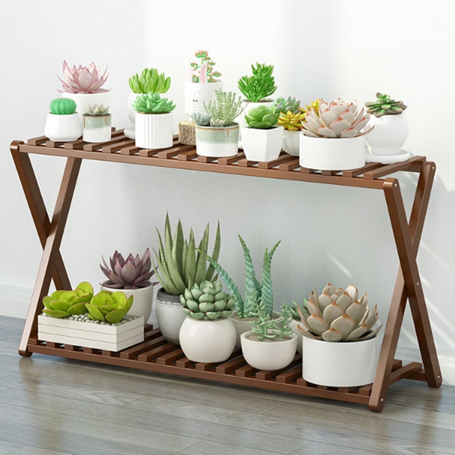 Brown Bamboo 2-Tier Foldable Indoor/Outdoor Plant Stand