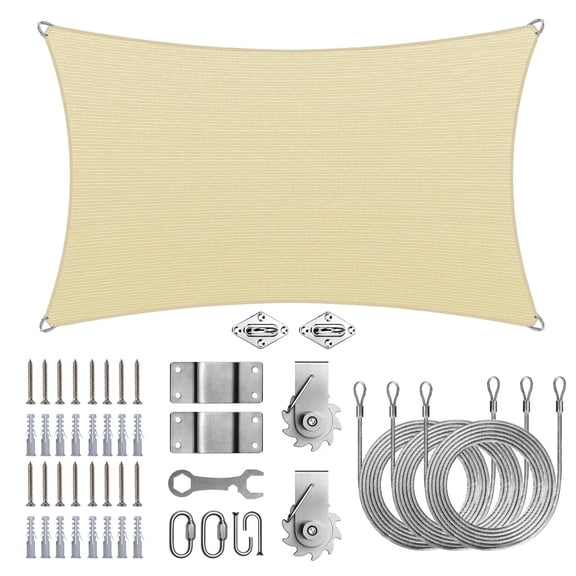 ColourTree Commercial-Grade Pro Ring Sun Shade Sail with Hardware Kit Winch Set - Heavy Duty Rectangle UPF 50 + Beige Canopy, Reinforced Corners