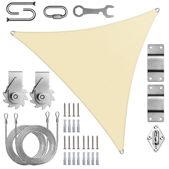 ColourTree Commercial-Grade Pro Ring Sun Shade Sail with Hardware Kit Winch Set - Heavy Duty Triangle UPF 50 + Beige Canopy, Reinforced Corners