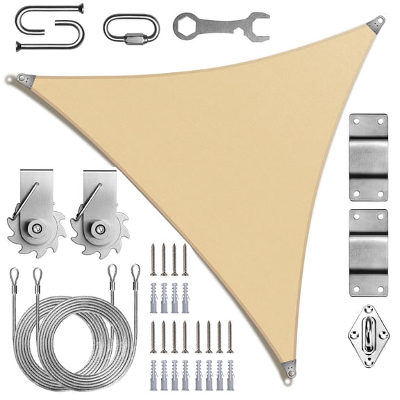 ColourTree Commercial Standard Heavy Duty Super Ring Sun Shade Sail - Triangle Canopy with 260GSM Fabric & Winch Hardware Kit