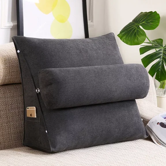 ColourTree Dark Grey Wedge Reading Bed Sofa Rest Backrest, Reading and TV Pillow, Back Wedge Cushion Pillow with Adjustable Neck Pillow for Books, Gaming or Watching TV