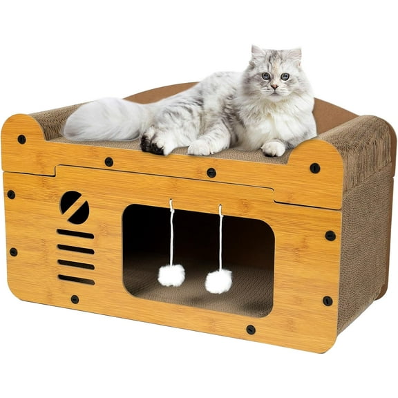 ColourTree【Double-Sided Delight】 Extra-Large Cardboard Cat House & Scratcher Bed for Indoor Cats, with Stable and Detachable Corrugated Board Scratcher Box