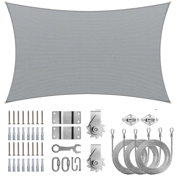 ColourTree Gray Rectangle Sun Shade Sail Canopy with Hardware Kit Winch Set - UV Block, Water Permeable, Heavy-Duty Outdoor Awning for Patio, Garden, Yard