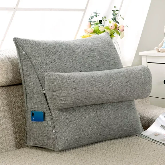 ColourTree Grey Reading and TV Pillow, 17.7 x 17.7 Inch Back Wedge Cushion Pillow with Adjustable Neck Pillow and Pockets,Triangle Back Pillow,Neck Support Bed Pillow,Removable and Washable