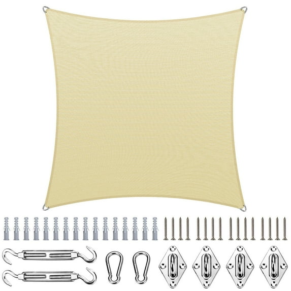 ColourTree Heavy Duty Rectangle Pro Ring Sun Shade Sail with Hardware Kit - Commercial Grade 260 GSM UPF 50+ Beige Canopy, Reinforced Corners