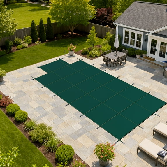 ColourTree Inground Pool Safety Cover, For 16x32ft Inground Pool with 5x10ft Center Step, 170GSM Material, Installation Hardware Included, Green
