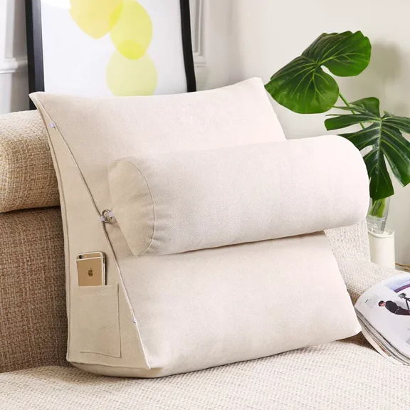ColourTree Light Beige Wedge Reading Bed Sofa Rest Backrest, Reading and TV Pillow, Back Wedge Cushion Pillow with Adjustable Neck Pillow for Books, Gaming or Watching TV