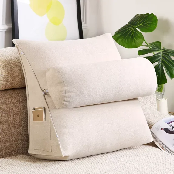 ColourTree Light Beige Wedge Reading Bed Sofa Rest Backrest, Reading and TV Pillow, Back Wedge Cushion Pillow with Adjustable Neck Pillow for Books, Gaming or Watching TV