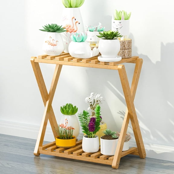 ColourTree Nature 20 Inch 2-Tier Installable Bamboo Plant Stand,2 Tier Cross Bamboo Rack, Multipurpose Display Shelf Folding, Floor Type Indoor Plant Rack, Flower Shelf For Yard Garden Patio Balcony