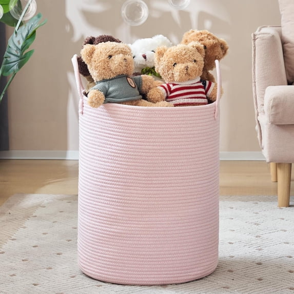 ColourTree Pink Woven Rope Laundry Hamper Basket, 58L Tall Laundry Basket for Blanket Organizer- Clothes Hamper for Bedroom Storage