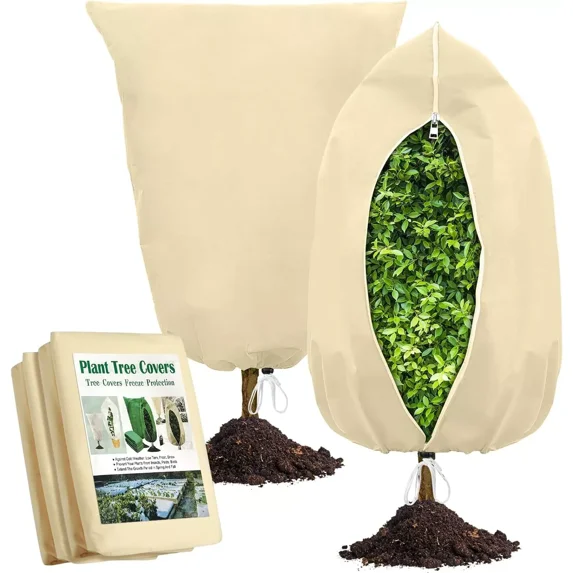 ColourTree Plant Covers Freeze Protection Beige 4 Packs 31.5" W x 47.3" H Shrub Covers with Zipper and Drawstring, Frost Cloth for Winter, Outdoor Plant Blankets for Cold Weather