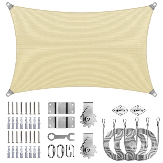 ColourTree Rectangle Super Ring Sun Shade Sail Canopy Awning Shades With Hardware Kit Winch Set for Patio - Commercial Standard Heavy Duty - 260 GSM