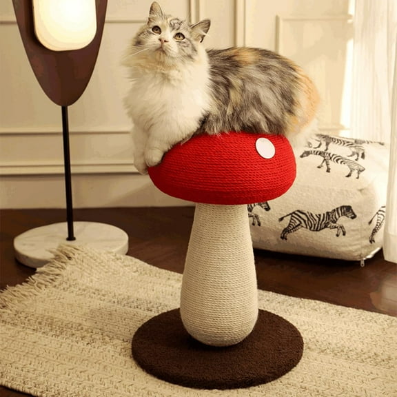 ColourTree Red Adorable Mushroom Cat Scratching Post, Cat Toys for Indoor Cats with Durable Sisal Rope for Cat Scratcher, Cozy Plush Base