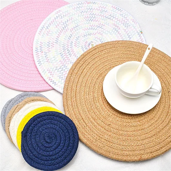ColourTree Round Braided Placemats Set of 4 Washable 15 inch Black & Beige Round Table Mats Woven Place Mats for Dining Table
