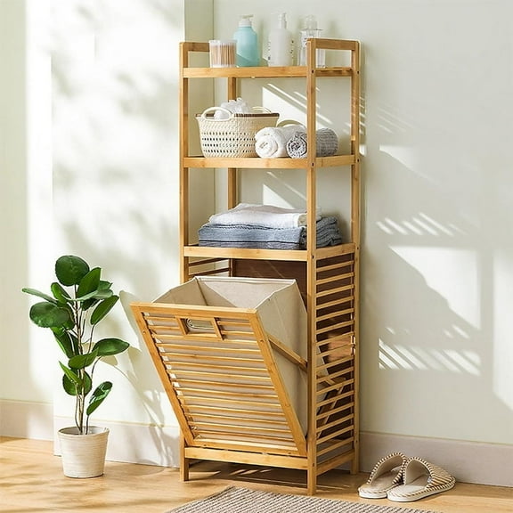 ColourTree Solid Wood 16" W Bamboo Freestanding 4 Tire Linen Cabinet Storage with Laundry Hamper