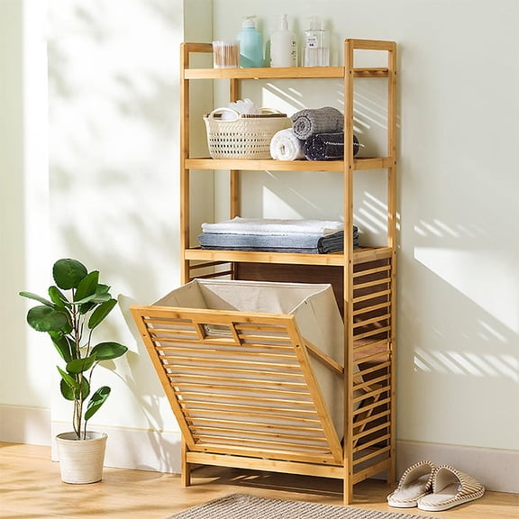 ColourTree Solid Wood 20" W Bamboo Freestanding 4 Tire Linen Cabinet Storage with Laundry Hamper