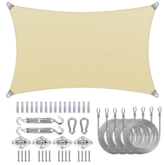 ColourTree Super Ring Rectangle&nbsp;Sun Shade Sail With 10 Inch Hardware Kit + Cables, Commercial Grade UPF50 Canopy, Reinforced Corners & Edges, 260 GSM Fabric Heavy Duty