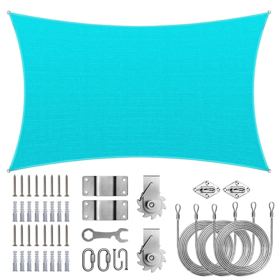 ColourTree Turquoise Rectangle Sun Shade Sail Canopy with Hardware Kit Winch Set - UV Block, Water Permeable, Heavy-Duty Outdoor Awning for Patio, Garden, Yard