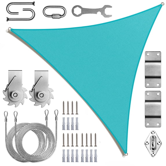ColourTree Turquoise Triangle Sun Shade Sail Canopy with Hardware Kit Winch Set - UV Block, Water Permeable, Heavy-Duty Outdoor Awning for Patio, Garden, Yard