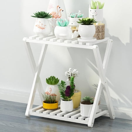 ColourTree White 20 Inch 2-Tier Installable Bamboo Plant Stand, 2 Tier Cross Bamboo Rack, Multipurpose Display Shelf Folding, Floor Type Indoor Plant Rack, Flower Shelf For Yard Garden Patio Balcony