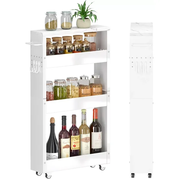 ColourTree White Slim Storage Rolling Cart, 4-Tier Side Out Shelving Unit with Handle, Mobile Organizer Utility Cart on Wheels for Laundry, Bathroom, Office, Kitchen, Narrow Places