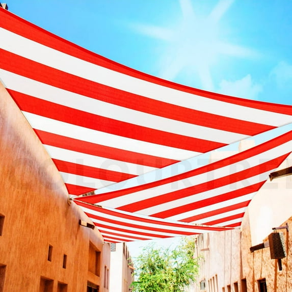 ColourTreeCustom Size Order To Make 4' x 4' x 4' Red & White Stripes Triangle Sun Shade Sail Canopy Mesh Fabric UV Block - Commercial Heavy Duty - 190 GSM - 3 Years Warranty
