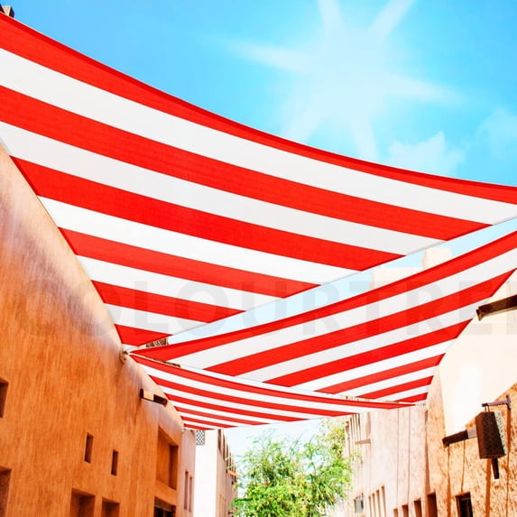 ColourTreeCustom Size Order To Make 7' x 7' x 7' Red & White Stripes Triangle Sun Shade Sail Canopy Mesh Fabric UV Block - Commercial Heavy Duty - 190 GSM - 3 Years Warranty