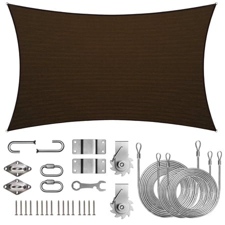 ColourTreeUSA Rectangle Sun Shade Sail 190 GSM HDPE with Winch Hardware Installation Kit 10' x 16' - Brown