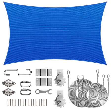 ColourTreeUSA Rectangle Sun Shade Sail 190 GSM HDPE with Winch Hardware Installation Kit 8' x 12' - Blue