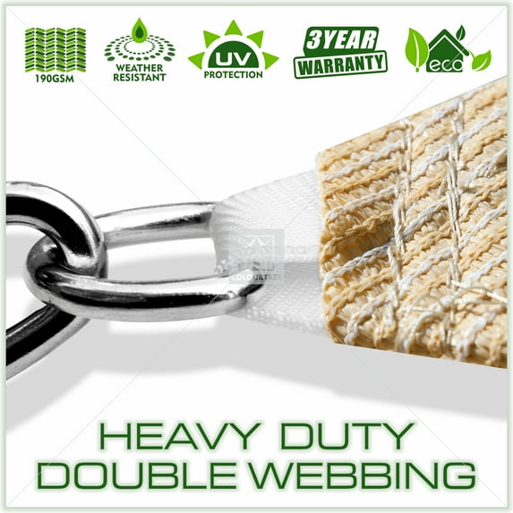 ColourTreeUSA Rectangle Sun Shade Sail with Hardware Kit + Cable Ropes HDPE Mesh Fabric Screen Canopy UV Block 190 GSM 10' x 16' - Beige