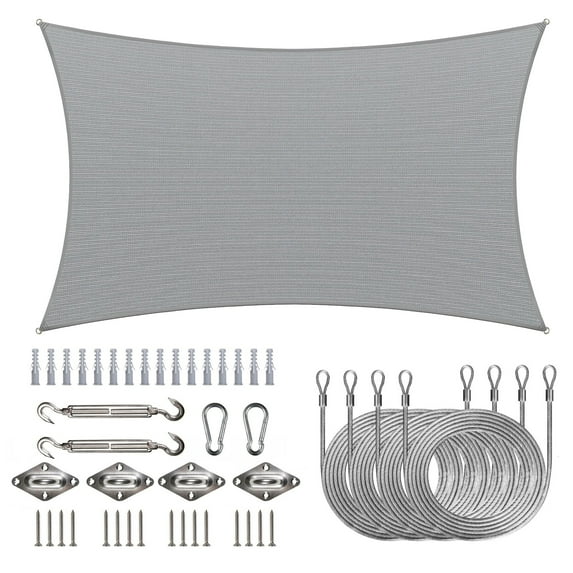 ColourTreeUSA Rectangle Sun Shade Sail with Hardware Kit + Cable Ropes HDPE Mesh Fabric Screen Canopy UV Block 190 GSM 14' x 20' - Gray
