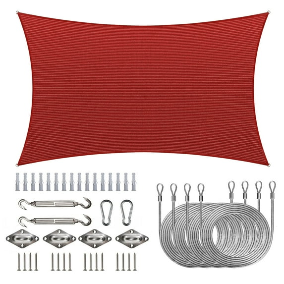 ColourTreeUSA Rectangle Sun Shade Sail with Hardware Kit + Cable Ropes HDPE Mesh Fabric Screen Canopy UV Block 190 GSM 16' x 20' - Red