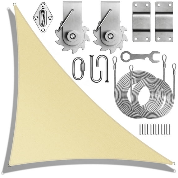 ColourTreeUSA Right Triangle Sun Shade Sail HDPE with Winch Hardware Installation Kit 20' x 20' x 28.3' - Beige