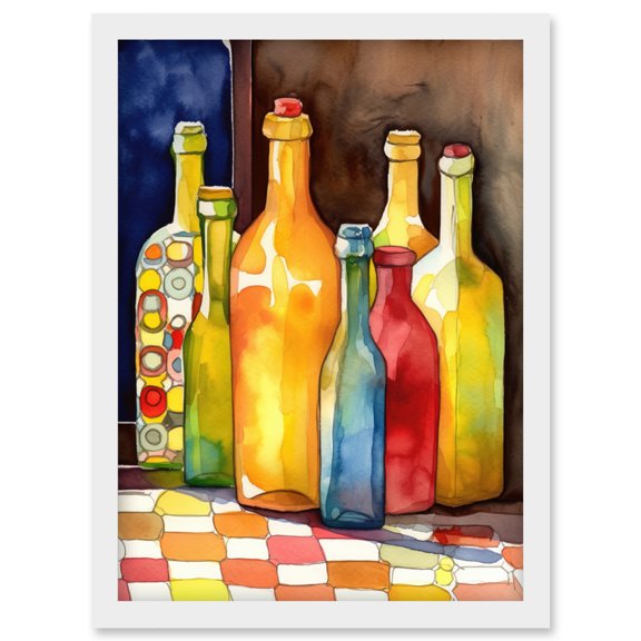 Coloured Bottles On Checked Tablecloth Still Life Watercolour Painting Artwork Framed Wall Art Print A4